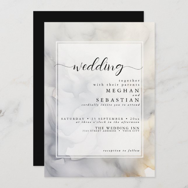 Elegant Grey and Pale Gold Soft Cloud Invitation (Front/Back)