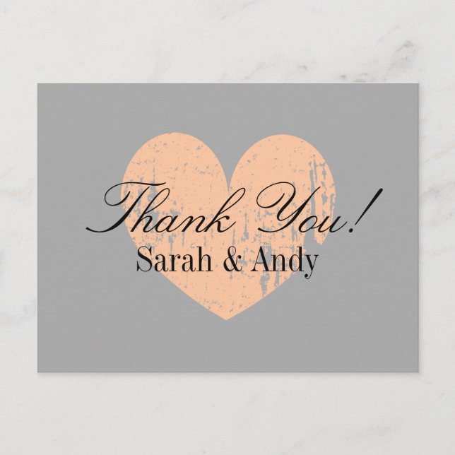 Elegant grey and peach wedding thank you postcards (Front)