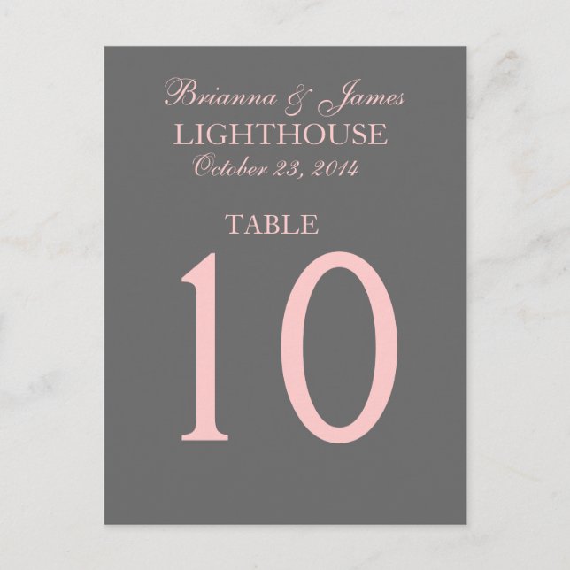 Elegant Grey and Pink Wedding Table Number Card (Front)