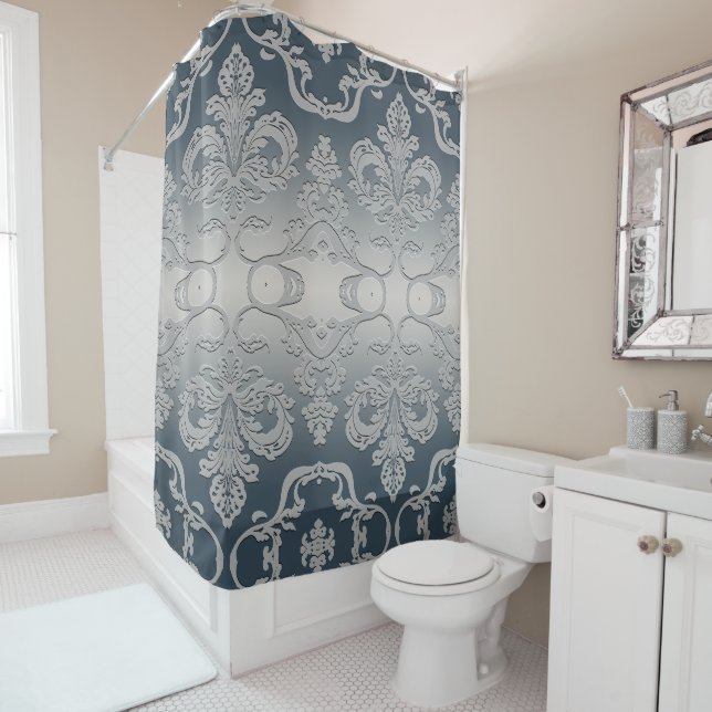 Elegant Grey and Taupe Royal Damask Shower Curtain (In Situ)