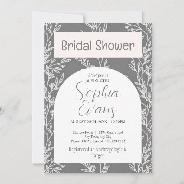Elegant Grey and White Leaves Bridal Shower Invitation (Front)