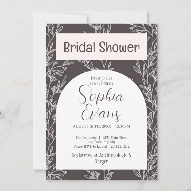 Elegant Grey and White Leaves Bridal Shower Invitation (Front)