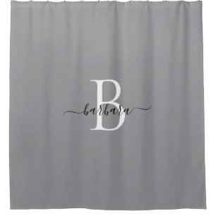 Elegant Grey and White Monogram Script Name Shower Curtain