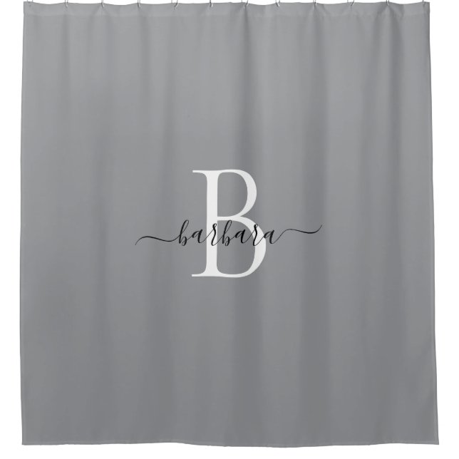 Elegant Grey and White Monogram Script Name Shower Curtain (Front)