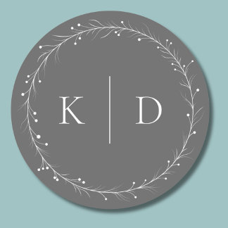 Elegant Grey and White Vine Wreath Monogram  Classic Round Sticker