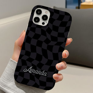 Elegant Grey Black Chequered Initial Monogram iPhone 16 Case