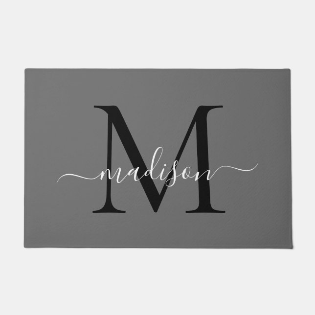 Elegant Grey Black Custom Monogram Script Name Doormat (Front)