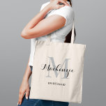 Elegant Grey Black Custom Wedding Bridesmaid Name Tote Bag<br><div class="desc">Elegant custom wedding tote bag features a personalised monogram typography design with modern calligraphy script name and serif monogram initial in silver grey and black colours. Includes custom text for a bridal party title like "BRIDESMAID" or other preferred wording.</div>