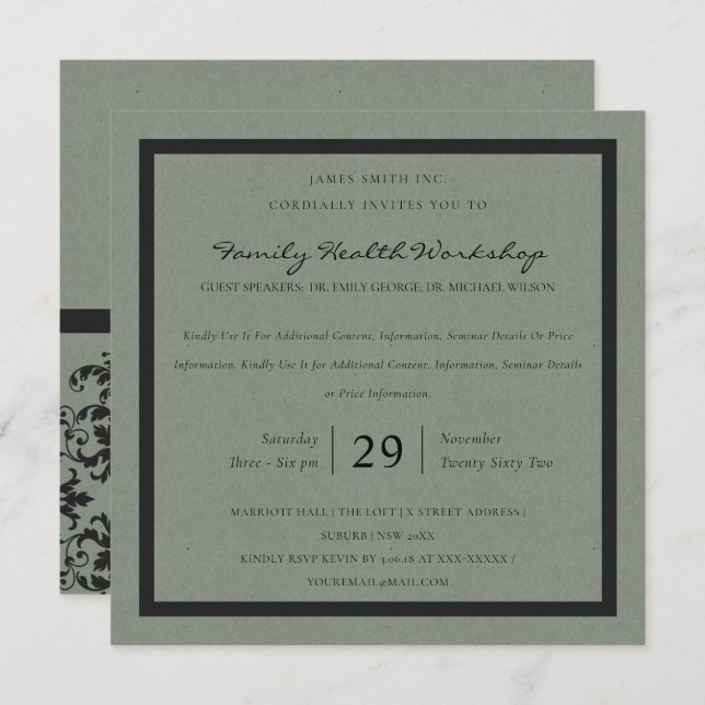 ELEGANT GREY BLACK DAMASK CLASSIC WORKSHOP EVENT INVITATION (Front/Back)