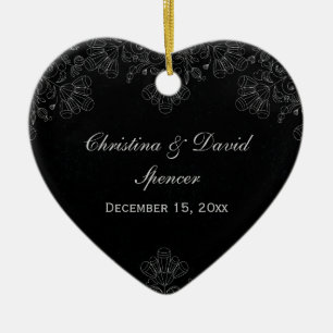 Elegant grey black floral swirls wedding photo ceramic tree decoration