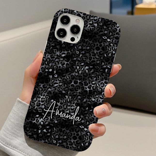 Elegant Grey Black Leopard Print Monogram iPhone 16 Case (Creator Uploaded)
