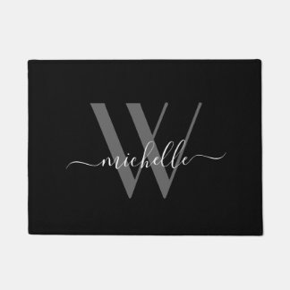 Elegant Grey Black Monogram Name Script Initial Doormat