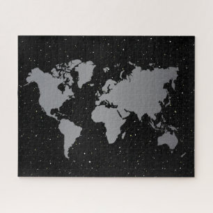 Elegant Grey & Black Night Star Galaxy & World Map Jigsaw Puzzle