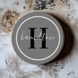 Elegant Grey Black Round Custom Monogram Initial<br><div class="desc">Elegant round personalised beverage drink coaster design features a classic custom serif monogram initial in black with your last name / surname in modern white calligraphy script against a dark pewter grey background. A simple white circle frames the design. Colour scheme can be customised to coordinate perfectly with your home...</div>
