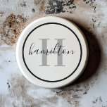 Elegant Grey Black Round Custom Monogram Initial Coaster<br><div class="desc">Elegant round personalised beverage drink coaster design features a classic custom serif monogram initial in pewter grey with your last name / surname in modern black calligraphy script against a clean white background. A simple black circle frames the design. Colour scheme can be customised to coordinate perfectly with your home...</div>