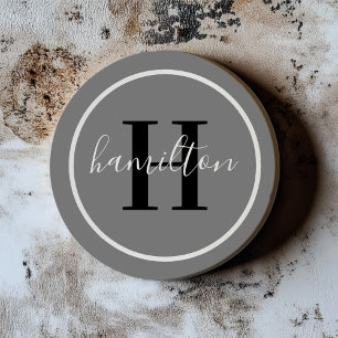 Elegant Grey Black Round Custom Monogram Initial Coaster