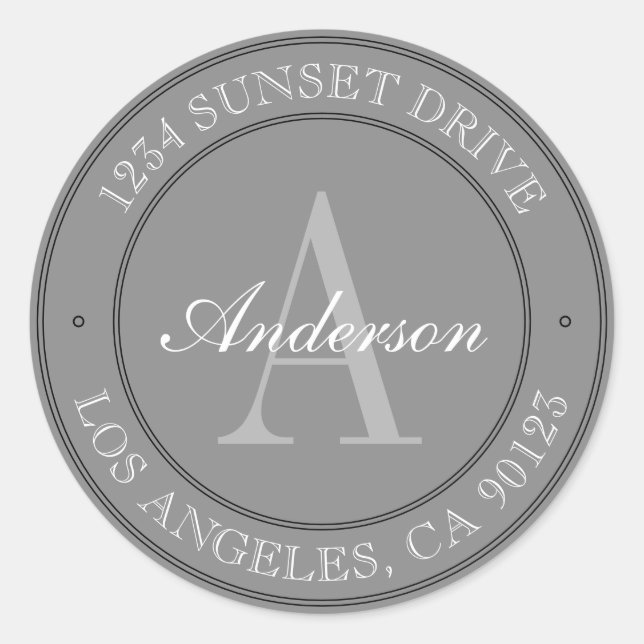 Elegant Grey Black & White Monogram Address Classic Round Sticker (Front)