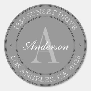 Elegant Grey Black & White Monogram Address Classic Round Sticker