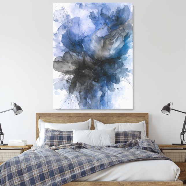 Elegant Grey & Blue Abstract Flower  Canvas Print (Insitu(Bedroom))