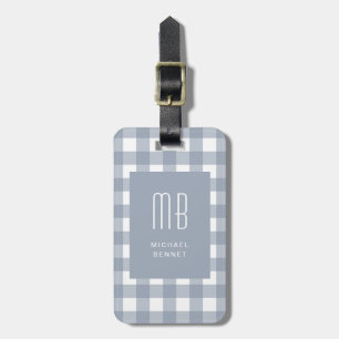 Elegant Grey Blue Gingham Monogram Luggage Tag