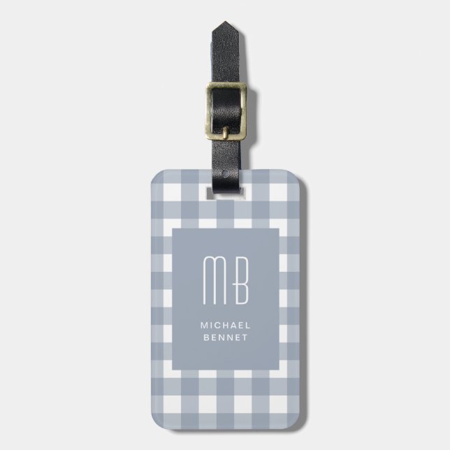 Elegant Grey Blue Gingham Monogram Luggage Tag (Front Vertical)