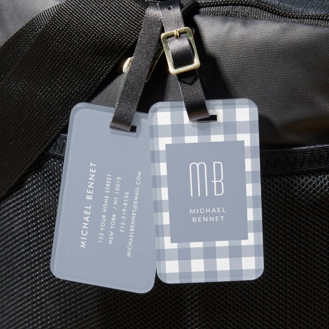 Elegant Grey Blue Gingham Monogram Luggage Tag (Elegant Gray Blue Gingham Monogram Luggage Tag)