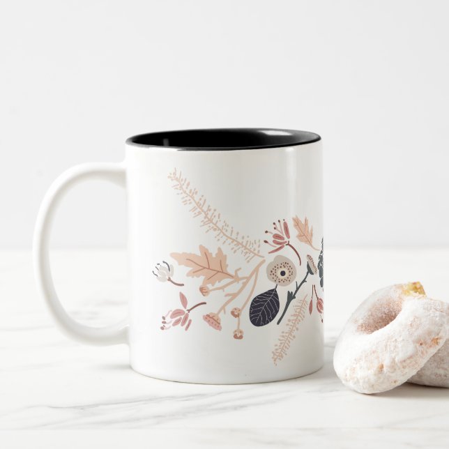 Elegant Grey Blue Peach Floral Repeat Pattern Two-Tone Coffee Mug (With Donut)