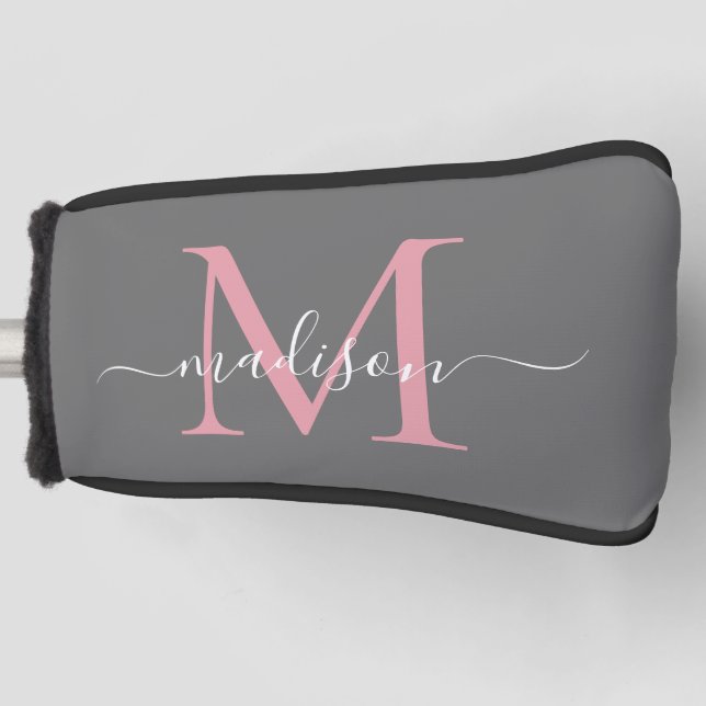 Elegant Grey Blush Pink Monogram Feminine Script Golf Head Cover (Front)