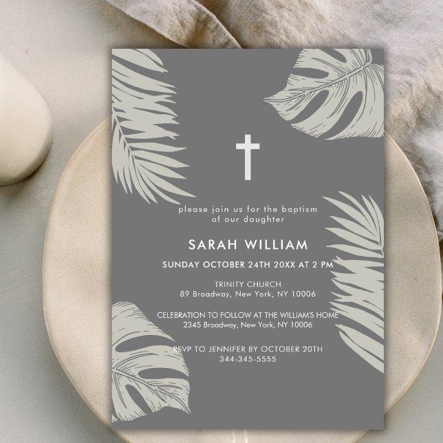 Elegant Grey Boho Leaves Cross Baptism  Invitation (Elegant Grey Boho Leave Gold Cross Baptism Invitation)