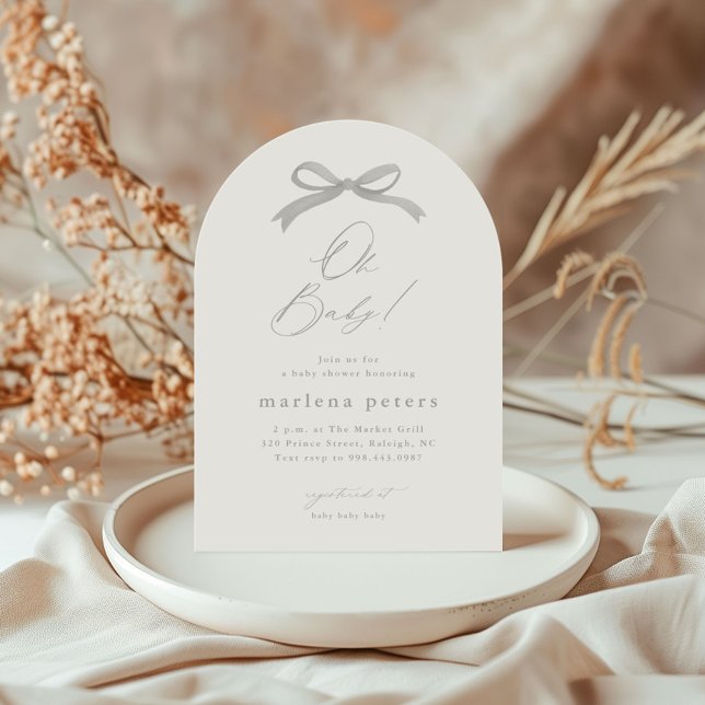 Elegant Grey Bow Neutral Baby Shower Invitation (Simple bow gender neutral baby shower invitation.)