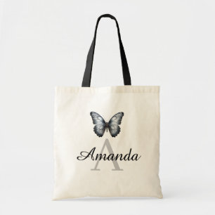 Elegant Grey Butterfly Name Monogramed Tote Bag