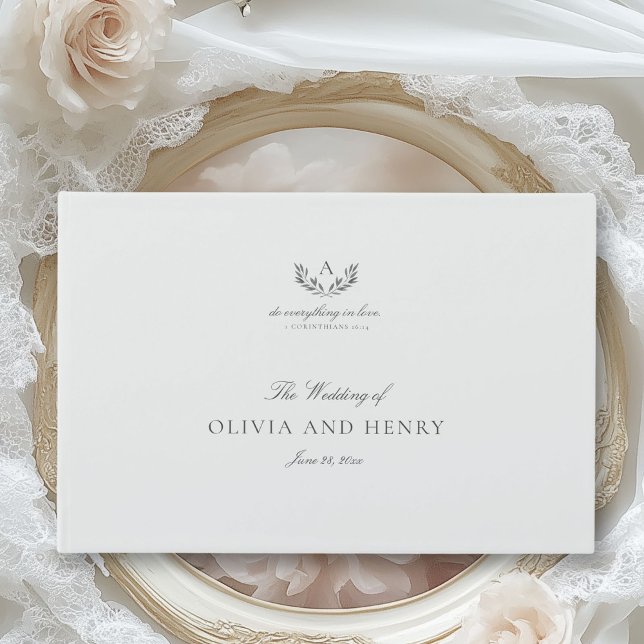 Elegant Grey Calligraphy Script & Monogram Wedding Guest Book (Elegant, simple wedding guest book with mongram, laurel leaves and calligraphy)