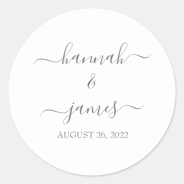 Elegant Grey Calligraphy Wedding Favour Classic Round Sticker (Front)