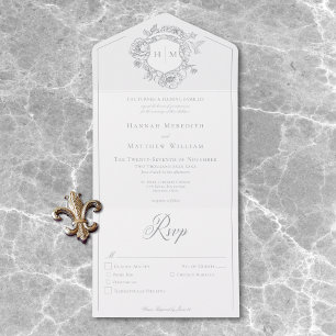 Elegant Grey Chinoiserie Bird Crest Wedding Dinner All In One Invitation