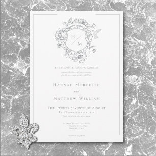 Elegant Grey Chinoiserie Bird & Crest Wedding Invitation