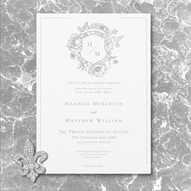 Elegant Grey Chinoiserie Bird & Crest Wedding Invitation (Elegant Gray Chinoiserie Bird & Crest Wedding Invitation)