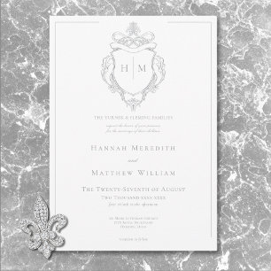 Elegant Grey Chinoiserie Bird & Crest Wedding Invitation