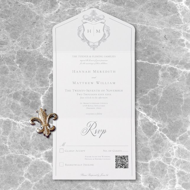 Elegant Grey Chinoiserie Bird Crest Wedding QR All In One Invitation (Elegant Gray Chinoiserie Bird Crest Wedding QR All In One Invitation)