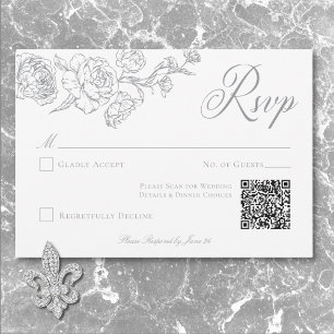 Elegant Grey Chinoiserie Bird & Crest Wedding QR RSVP Card