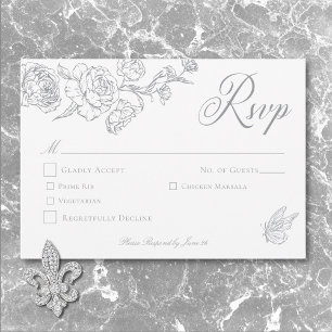 Elegant Grey Chinoiserie Bird & Crest Wedding RSVP Card