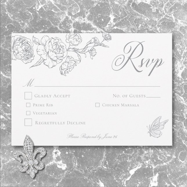 Elegant Grey Chinoiserie Bird & Crest Wedding RSVP Card (Elegant Gray Chinoiserie Bird & Crest Wedding RSVP Card)