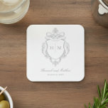 Elegant Grey Chinoiserie Bird Crest Wedding Square Paper Coaster<br><div class="desc">Elevate your special day with our elegant, vintage Baroque-style wedding coaster, a masterpiece of timeless elegance. Featuring a delicate French grey chinoiserie crest with delicate line art on a pristine white background, this design exudes classic charm and sophistication. Its simplicity highlights its refined details, creating a design as graceful as...</div>
