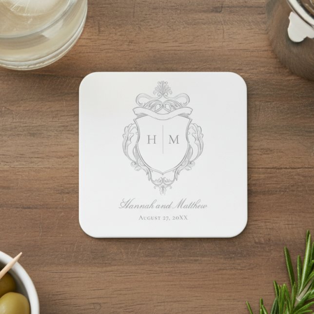 Elegant Grey Chinoiserie Bird Crest Wedding Square Paper Coaster (Creator Uploaded)