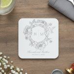 Elegant Grey Chinoiserie Bird Crest Wedding Square Paper Coaster<br><div class="desc">Elevate your special day with our elegant, vintage Baroque-style wedding coaster, a masterpiece of timeless elegance. Featuring a delicate French grey chinoiserie crest with delicate line art flowers and a bird on a pristine white background, this design exudes classic charm and sophistication. Its simplicity highlights its refined details, creating a...</div>