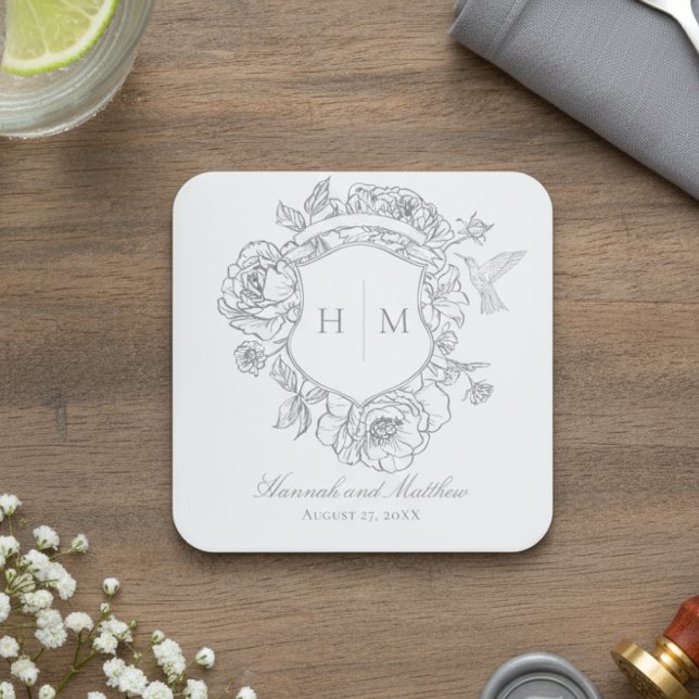 Elegant Grey Chinoiserie Bird Crest Wedding Square Paper Coaster (Creator Uploaded)