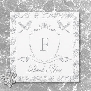 Elegant Grey Chinoiserie Bird & Crest Wedding Thank You Card