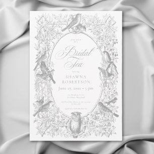 Elegant Grey Chinoiserie Nature Birds Bridal Tea Invitation