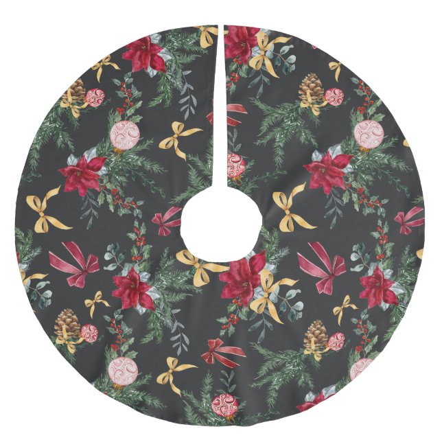 Elegant Grey Christmas Botanical Greenery Pattern Brushed Polyester Tree Skirt (Front)