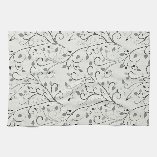 Elegant grey contrast leaf pattern tea towel (Horizontal)