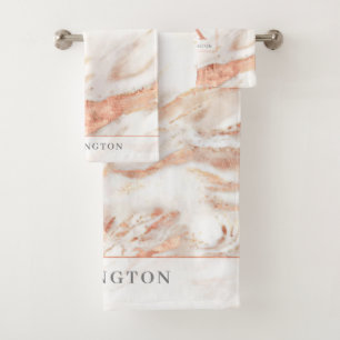 Elegant Grey Copper Rose Gold Foil Marble Monogram Bath Towel Set